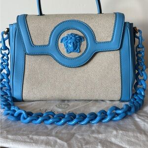 Versace La Medusa Blue Leather and Canvas Top Handle